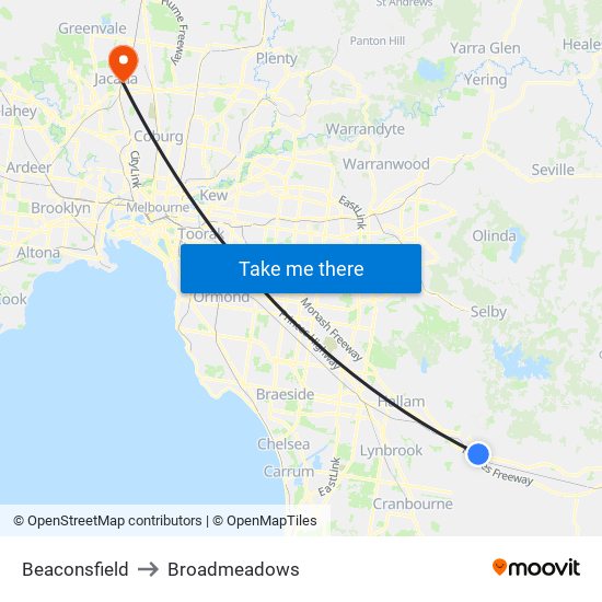 Beaconsfield to Broadmeadows map