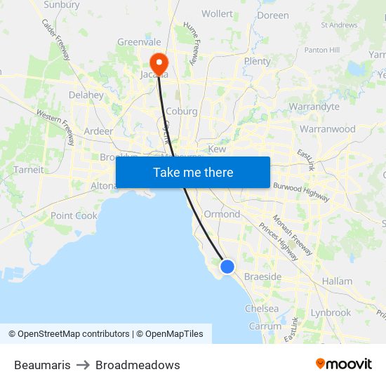 Beaumaris to Broadmeadows map