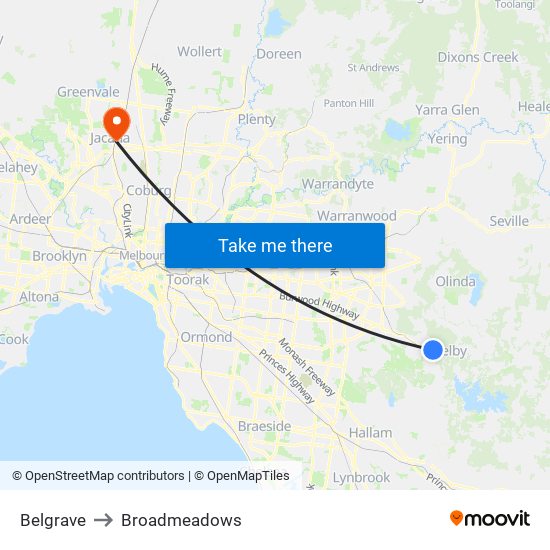 Belgrave to Broadmeadows map