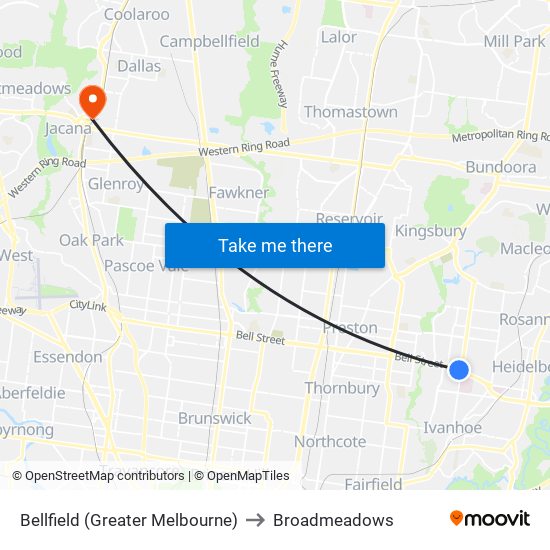 Bellfield (Greater Melbourne) to Broadmeadows map