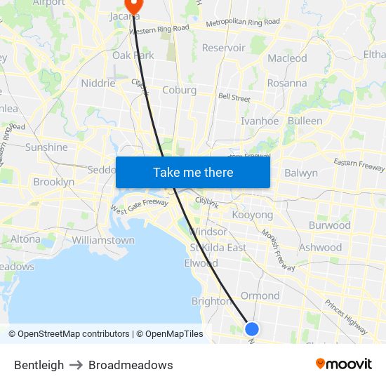 Bentleigh to Broadmeadows map