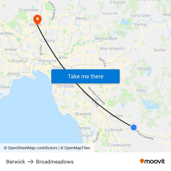 Berwick to Broadmeadows map