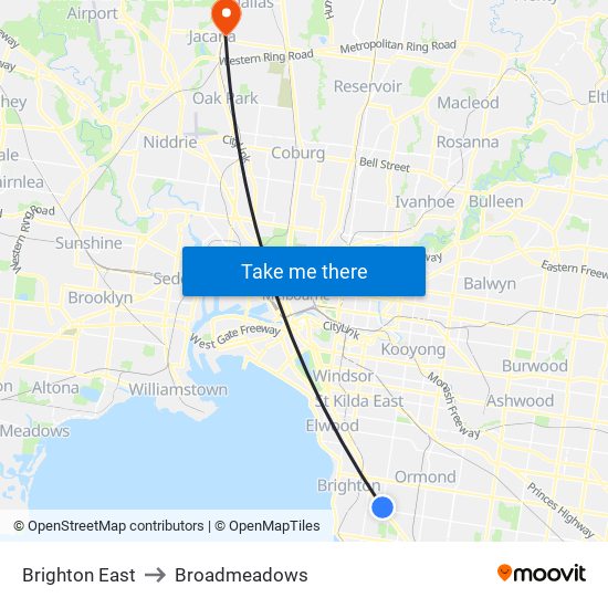 Brighton East to Broadmeadows map