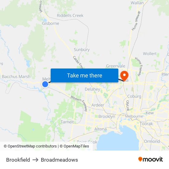 Brookfield to Broadmeadows map