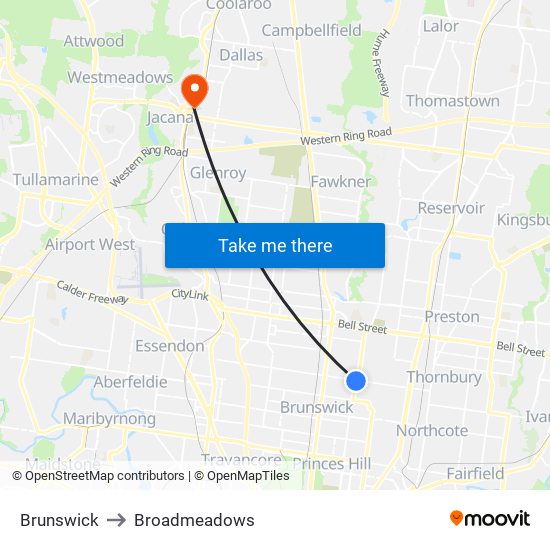 Brunswick to Broadmeadows map