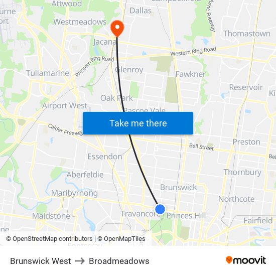 Brunswick West to Broadmeadows map