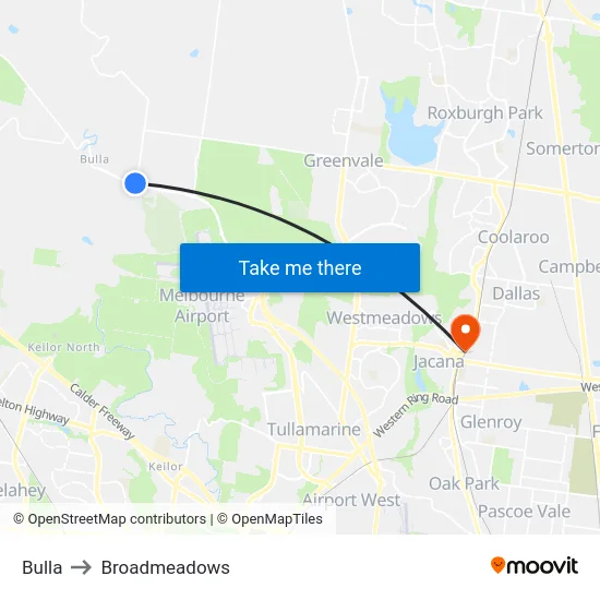 Bulla to Broadmeadows map