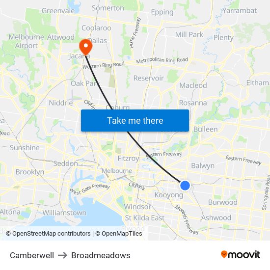 Camberwell to Broadmeadows map