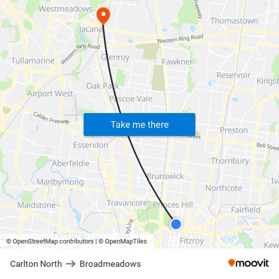 Carlton North to Broadmeadows map