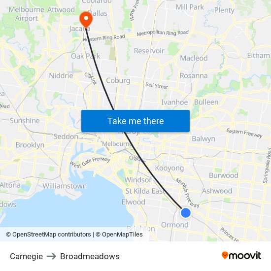 Carnegie to Broadmeadows map