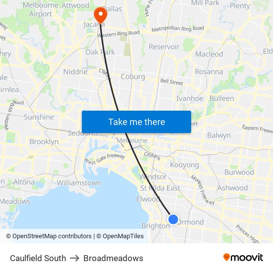 Caulfield South to Broadmeadows map