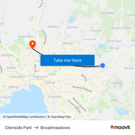 Chirnside Park to Broadmeadows map