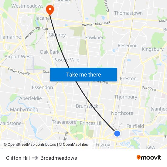 Clifton Hill to Broadmeadows map