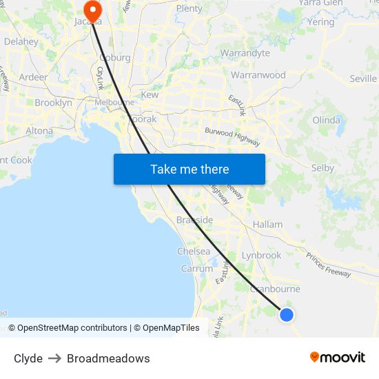 Clyde to Broadmeadows map