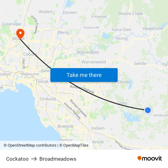 Cockatoo to Broadmeadows map