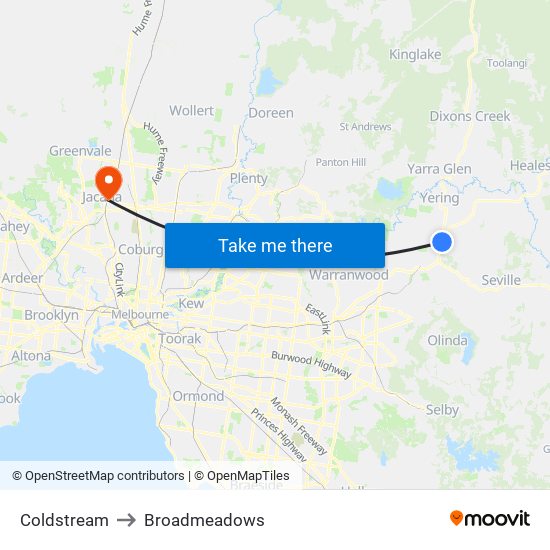 Coldstream to Broadmeadows map