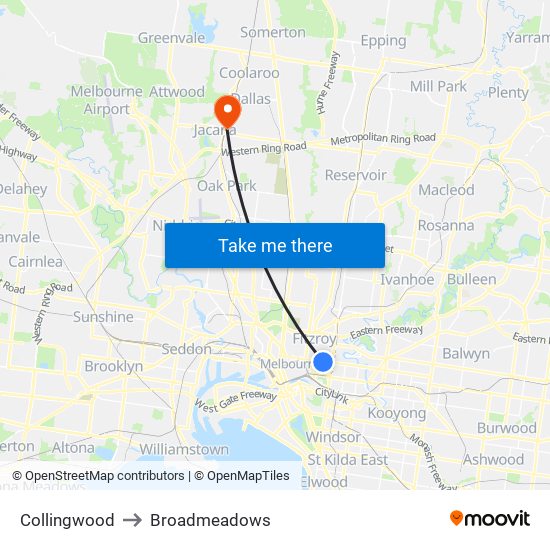 Collingwood to Broadmeadows map