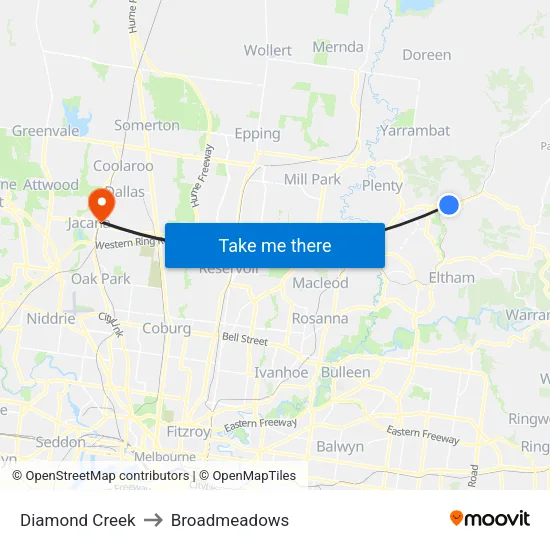 Diamond Creek to Broadmeadows map