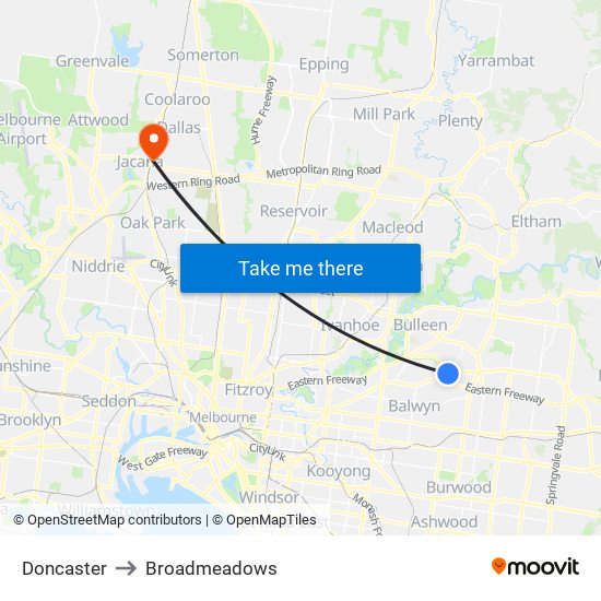 Doncaster to Broadmeadows map