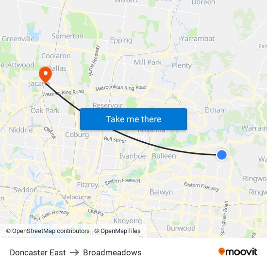 Doncaster East to Broadmeadows map