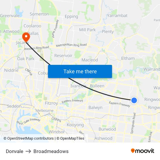 Donvale to Broadmeadows map