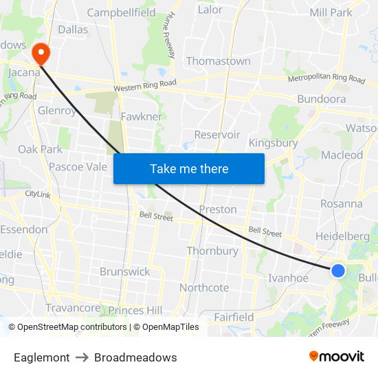Eaglemont to Broadmeadows map
