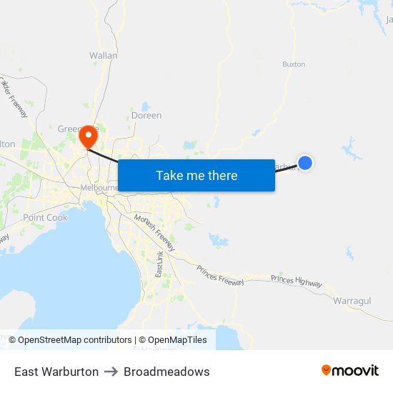 East Warburton to Broadmeadows map