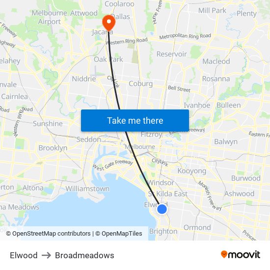 Elwood to Broadmeadows map