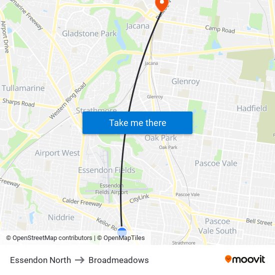 Essendon North to Broadmeadows map