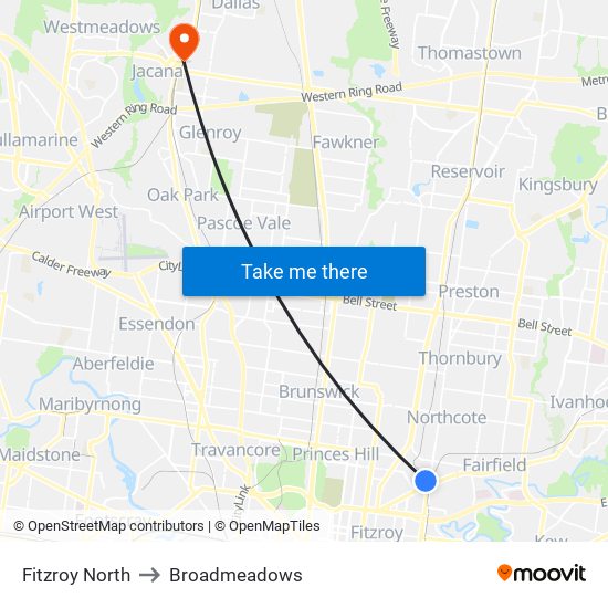 Fitzroy North to Broadmeadows map