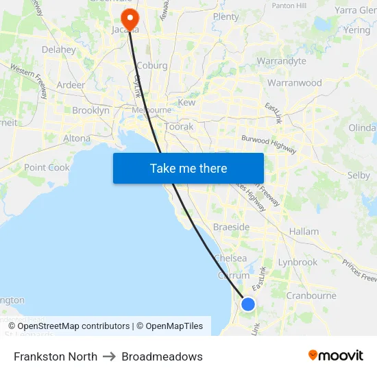 Frankston North to Broadmeadows map