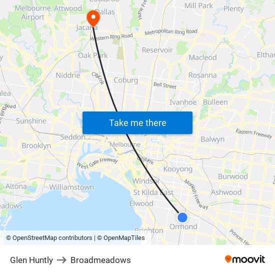 Glen Huntly to Broadmeadows map