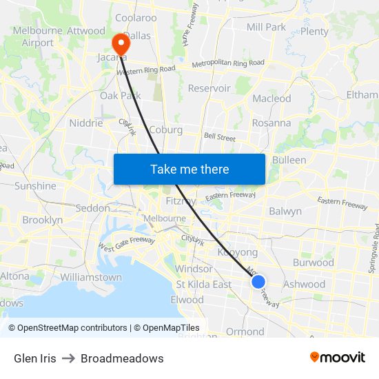 Glen Iris to Broadmeadows map