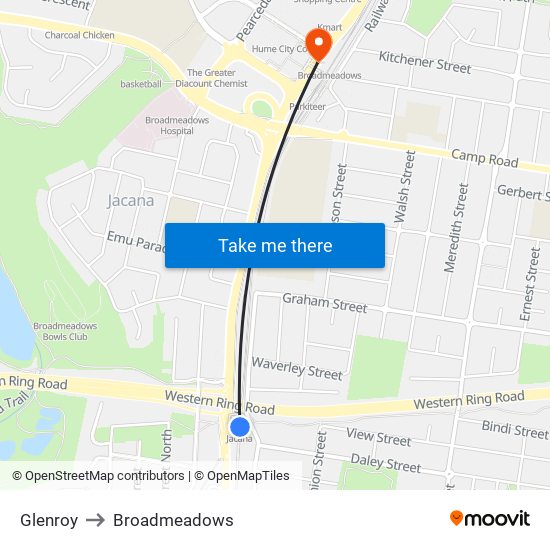 Glenroy to Broadmeadows map