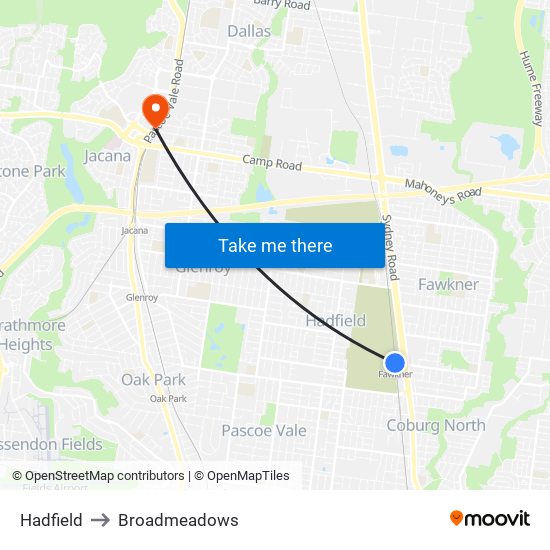 Hadfield to Broadmeadows map