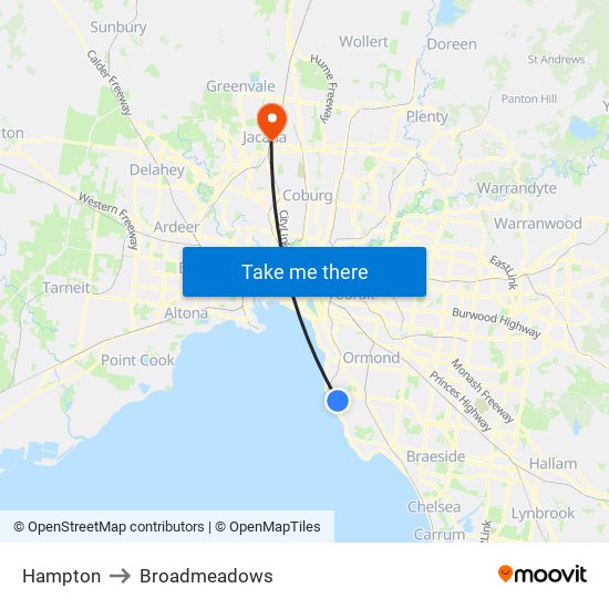 Hampton to Broadmeadows map