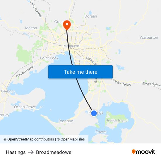 Hastings to Broadmeadows map