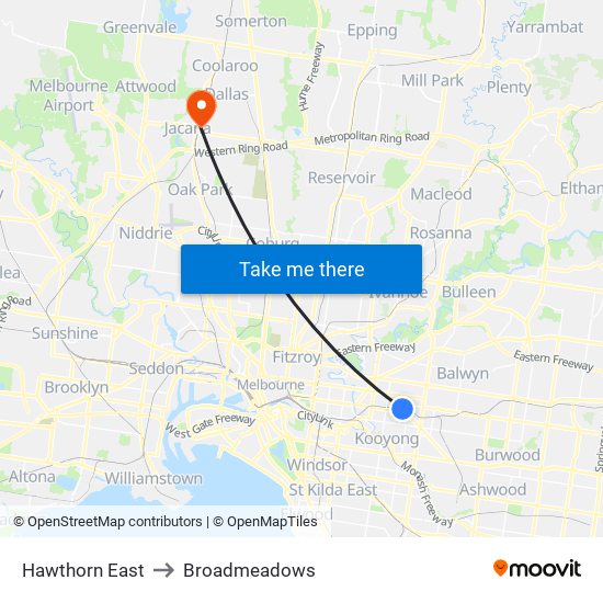 Hawthorn East to Broadmeadows map