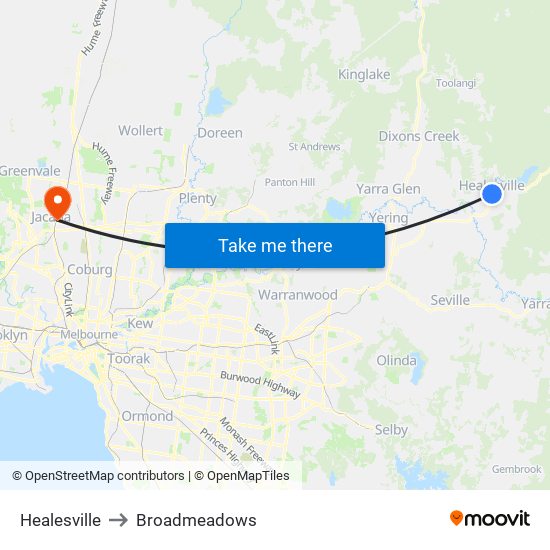 Healesville to Broadmeadows map