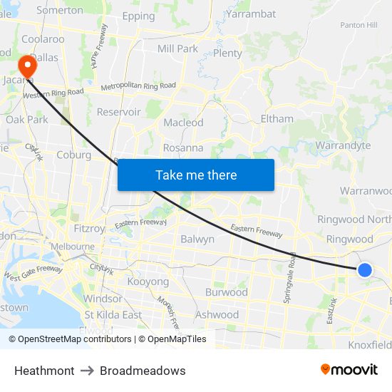 Heathmont to Broadmeadows map