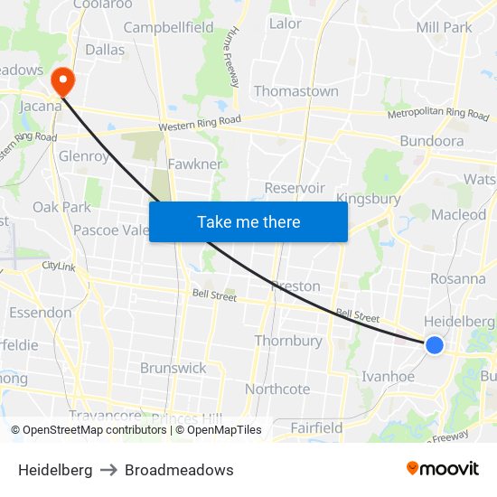 Heidelberg to Broadmeadows map