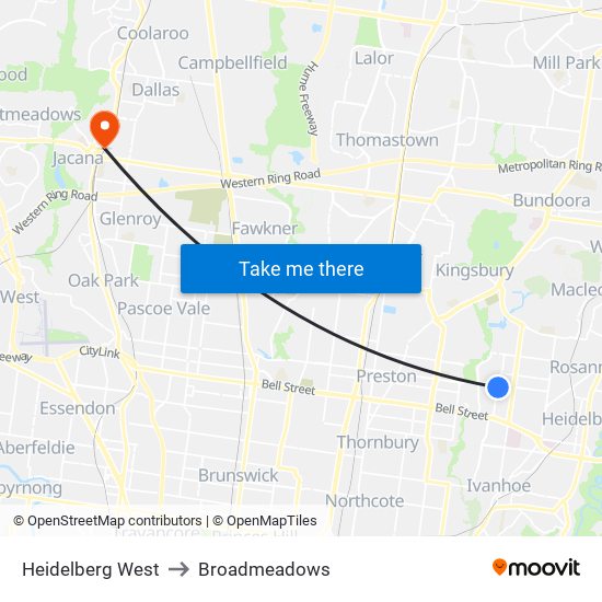 Heidelberg West to Broadmeadows map