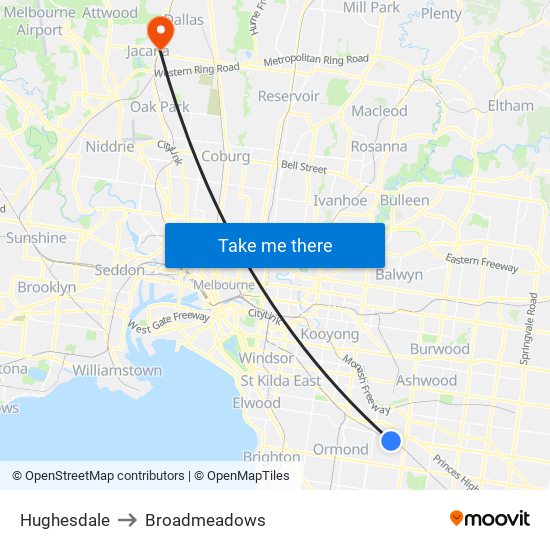 Hughesdale to Broadmeadows map