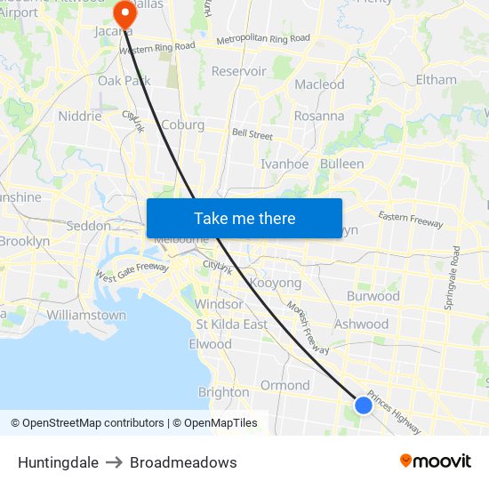 Huntingdale to Broadmeadows map