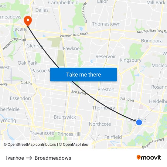 Ivanhoe to Broadmeadows map