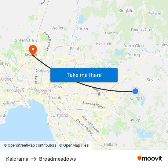 Kalorama to Broadmeadows map