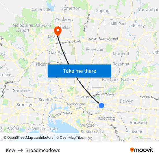 Kew to Broadmeadows map