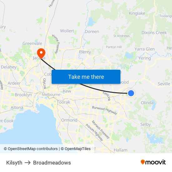 Kilsyth to Broadmeadows map