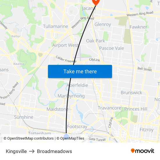 Kingsville to Broadmeadows map