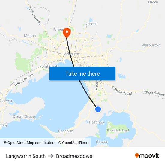 Langwarrin South to Broadmeadows map